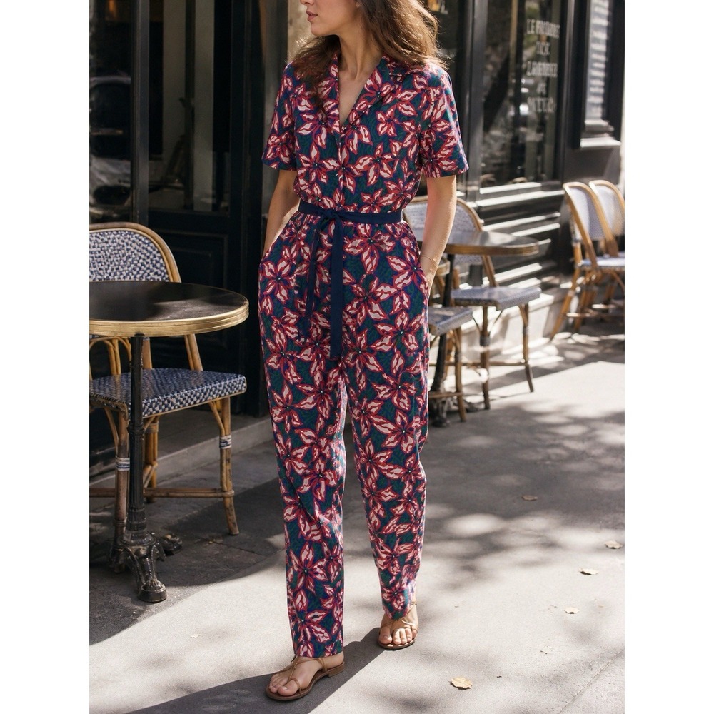 Monoprix Femme Floral Cotton Jumpsuit Belted Ankle Size 38 US 6